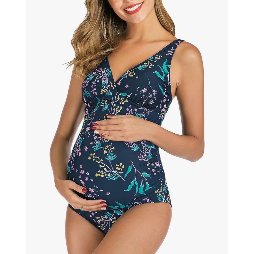 NEW Amazon Essentials Small Maternity One Piece Swimsuit UPF 50 V-Neck Ruched - Picture 2 of 11